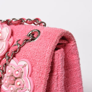 Very good condition CHANEL double flap chain shoulder bag 25 22 series here mark cherry blossom flower tweed pink used 4a009032
