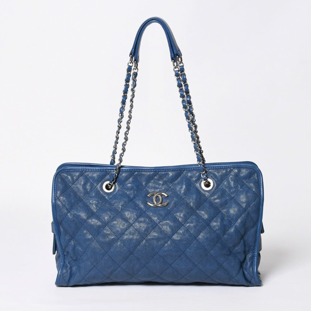 Very good condition CHANEL Chanel Matelasse chain tote bag 15th series caviar skin blue silver metal fittings used 4a008414