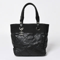 新品同様 希少品 CHANEL シャネル トートバッグ パリビアリッツ イタリア製 コーティングキャンバス レザー 黒 ブラック 11番台 中古 4a008373