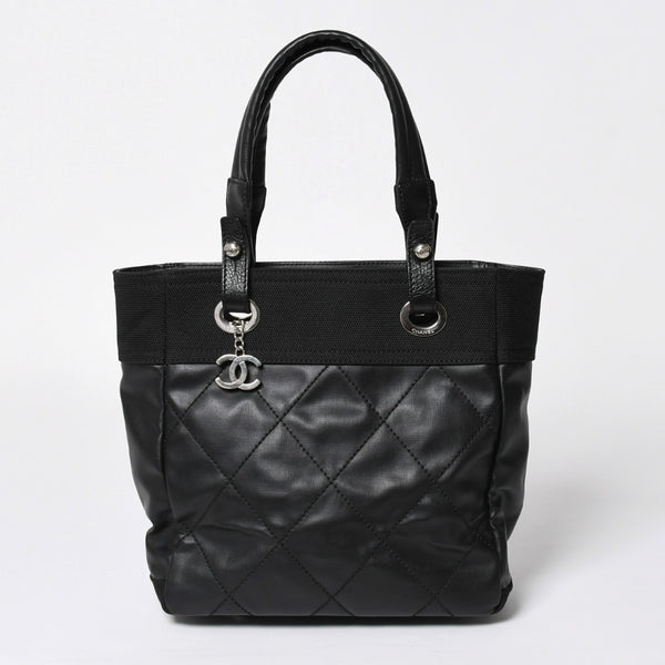 新品同様 希少品 CHANEL シャネル トートバッグ パリビアリッツ イタリア製 コーティングキャンバス レザー 黒 ブラック 11番台 中古 4a008373