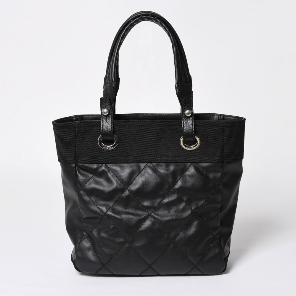 新品同様 希少品 CHANEL シャネル トートバッグ パリビアリッツ イタリア製 コーティングキャンバス レザー 黒 ブラック 11番台 中古 4a008373