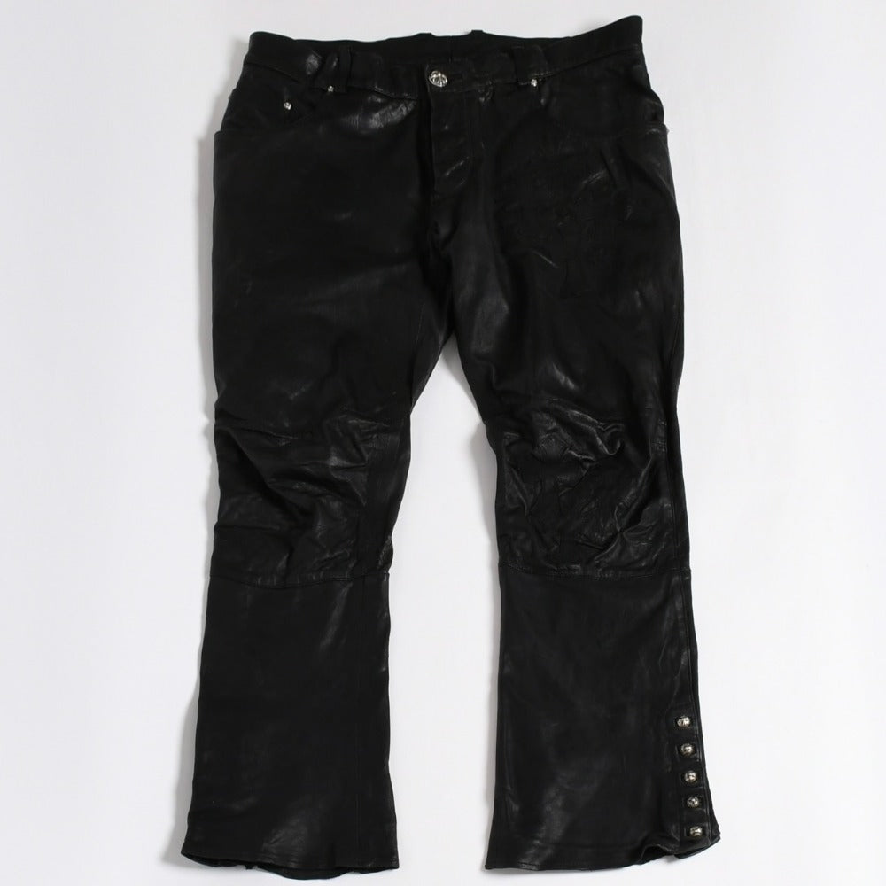 CHROME HEARTS クロムハーツ レザーフレアパンツ サイズ38 セメタリークロスパッチ 10パッチ クロスボール ブラック 良品 中古 4a009101