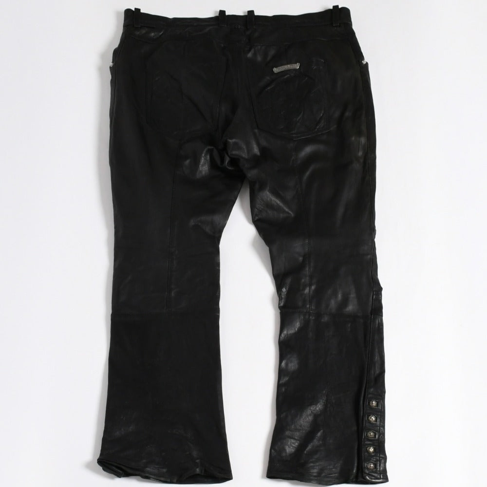 CHROME HEARTS クロムハーツ レザーフレアパンツ サイズ38 セメタリークロスパッチ 10パッチ クロスボール ブラック 良品 中古 4a009101