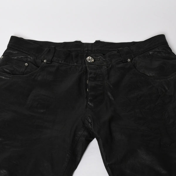 CHROME HEARTS Leather Flare Pants Size 38 Cemetery Cross Patch 10 Patches Cross Ball Black Good Used 4a009101