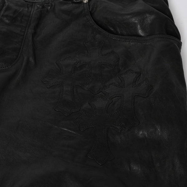 CHROME HEARTS Leather Flare Pants Size 38 Cemetery Cross Patch 10 Patches Cross Ball Black Good Used 4a009101