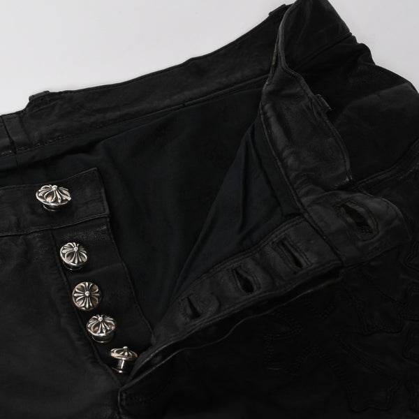 CHROME HEARTS Leather Flare Pants Size 38 Cemetery Cross Patch 10 Patches Cross Ball Black Good Used 4a009101