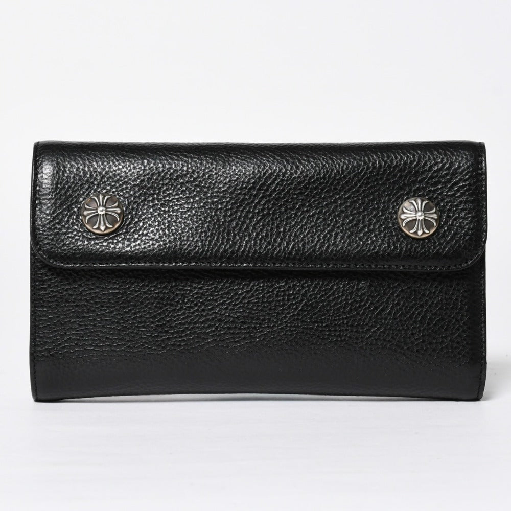 新品未使用 CHROME HEARTS クロムハーツ WAVE CROSS BALL ウェーブ クロスボールボタン レザーウォレット 長財布 ダガー ブラック 中古 4a009091