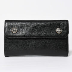 新品未使用 CHROME HEARTS クロムハーツ WAVE CROSS BALL ウェーブ クロスボールボタン レザーウォレット 長財布 ダガー ブラック 中古 4a009091