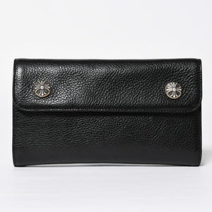 新品未使用 CHROME HEARTS クロムハーツ WAVE CROSS BALL ウェーブ クロスボールボタン レザーウォレット 長財布 ダガー ブラック 中古 4a009091