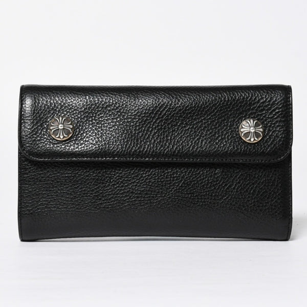 新品未使用 CHROME HEARTS クロムハーツ WAVE CROSS BALL ウェーブ クロスボールボタン レザーウォレット 長財布 ダガー ブラック 中古 4a009091
