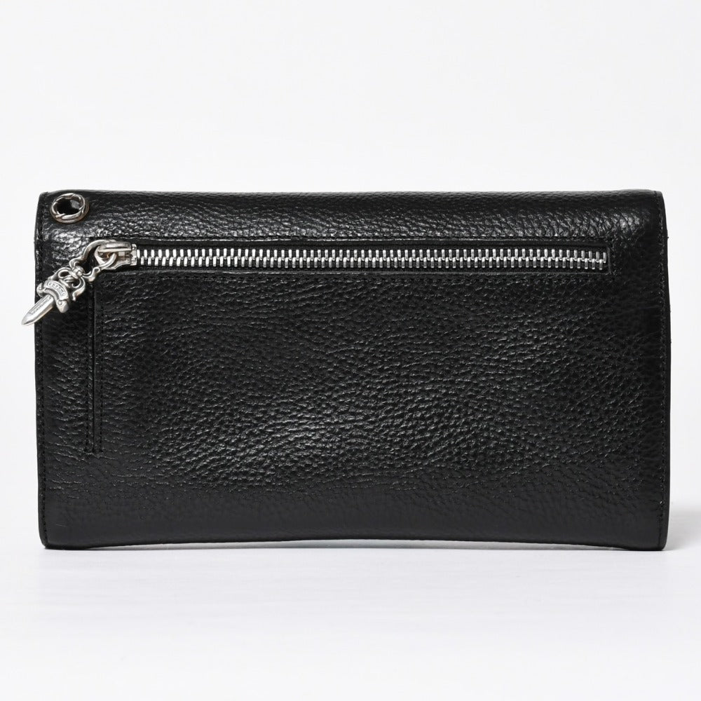新品未使用 CHROME HEARTS クロムハーツ WAVE CROSS BALL ウェーブ クロスボールボタン レザーウォレット 長財布 ダガー ブラック 中古 4a009091