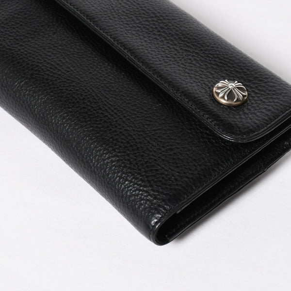 新品未使用 CHROME HEARTS クロムハーツ WAVE CROSS BALL ウェーブ クロスボールボタン レザーウォレット 長財布 ダガー ブラック 中古 4a009091