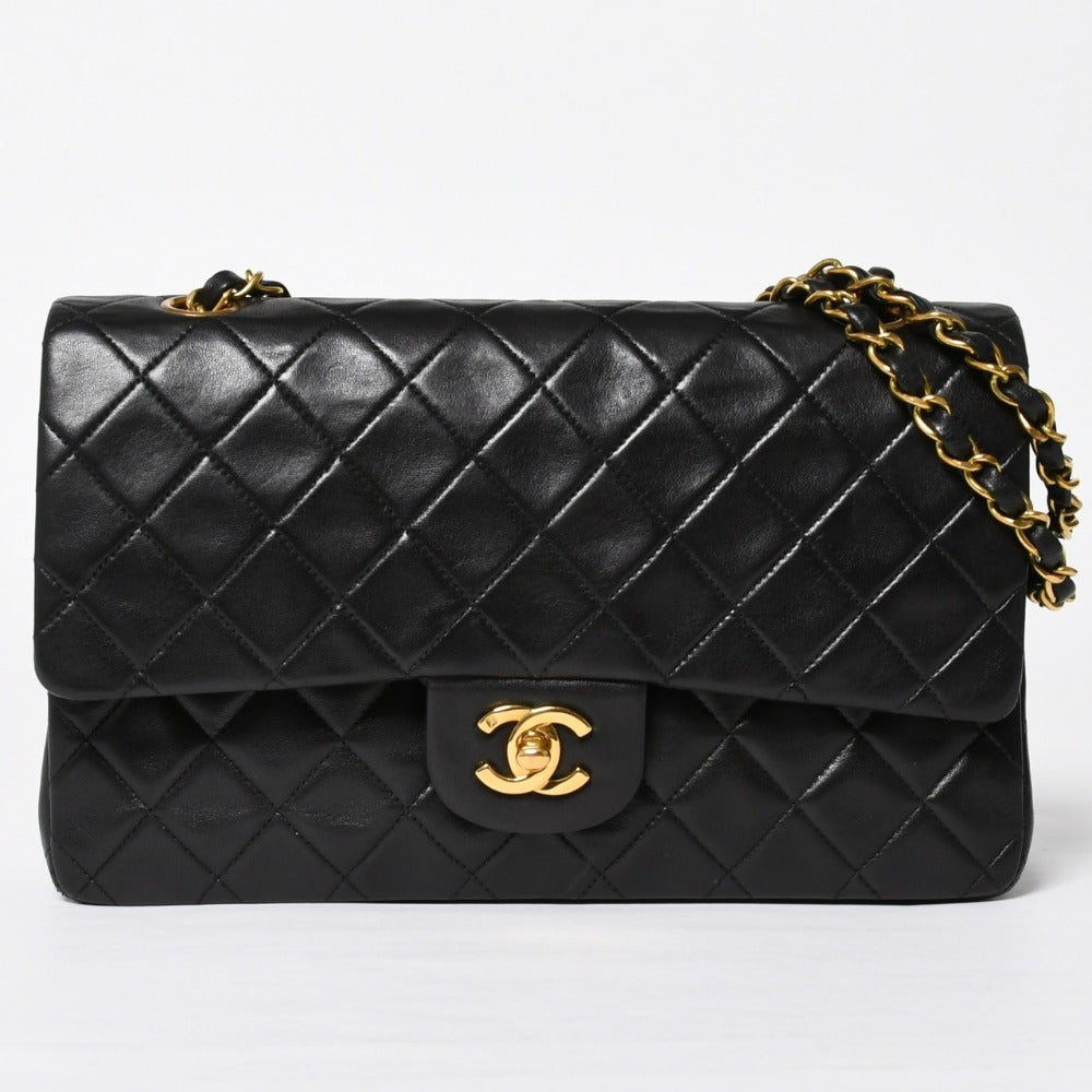 CHANEL シャネル マトラッセ25 Wフラップ Wチェーンショルダーバッグ 3番台 ラムスキン ココマーク ブラック ゴールド金具 美品 中古 4a009109
