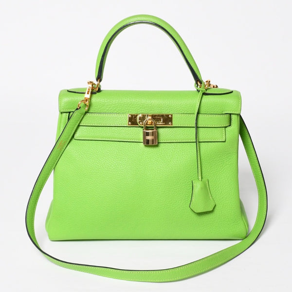 極美品 HERMES エルメス ケリー28 内縫い アップルグリーン ◻︎H刻印 トゴ シルバー金具 ハンドバッグ 中古 4a009078