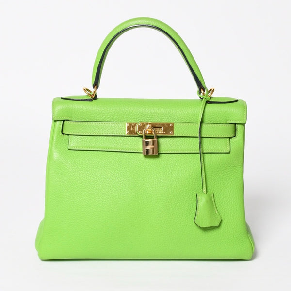 極美品 HERMES エルメス ケリー28 内縫い アップルグリーン ◻︎H刻印 トゴ シルバー金具 ハンドバッグ 中古 4a009078