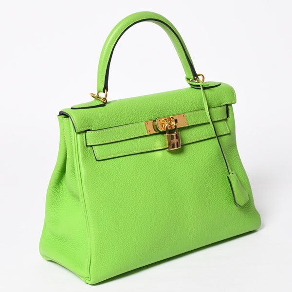 極美品 HERMES エルメス ケリー28 内縫い アップルグリーン ◻︎H刻印 トゴ シルバー金具 ハンドバッグ 中古 4a009078