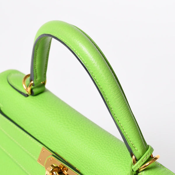 極美品 HERMES エルメス ケリー28 内縫い アップルグリーン ◻︎H刻印 トゴ シルバー金具 ハンドバッグ 中古 4a009078