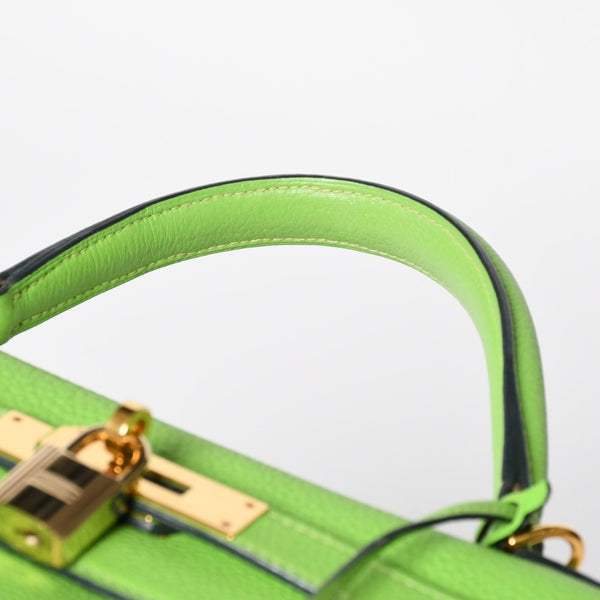 極美品 HERMES エルメス ケリー28 内縫い アップルグリーン ◻︎H刻印 トゴ シルバー金具 ハンドバッグ 中古 4a009078