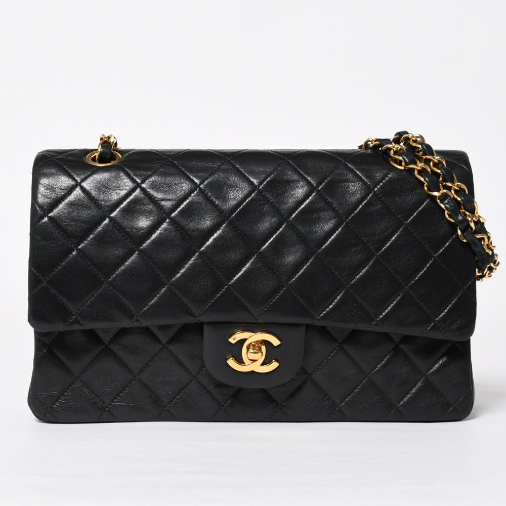 CHANEL シャネル マトラッセ25 Wフラップ Wチェーンショルダーバッグ 3番台 ラムスキン ココマーク ブラック ゴールド金具 美品 中古 4a009110