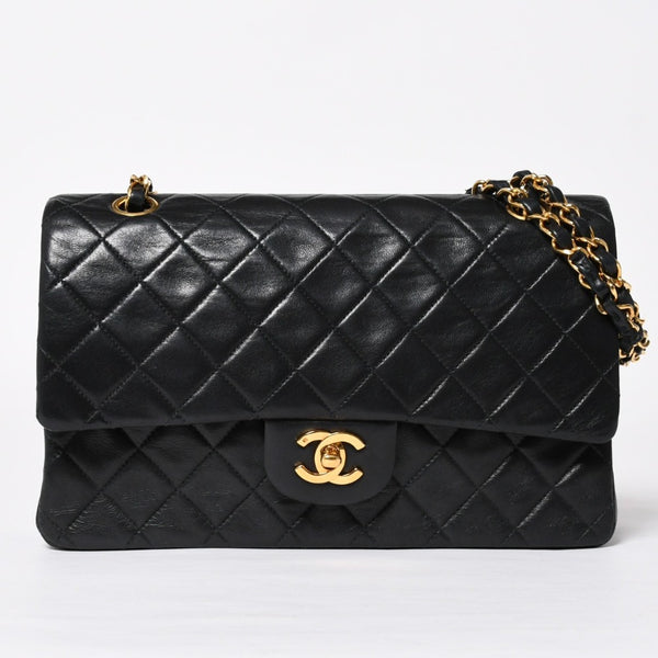 CHANEL シャネル マトラッセ25 Wフラップ Wチェーンショルダーバッグ 3番台 ラムスキン ココマーク ブラック ゴールド金具 美品 中古 4a009110