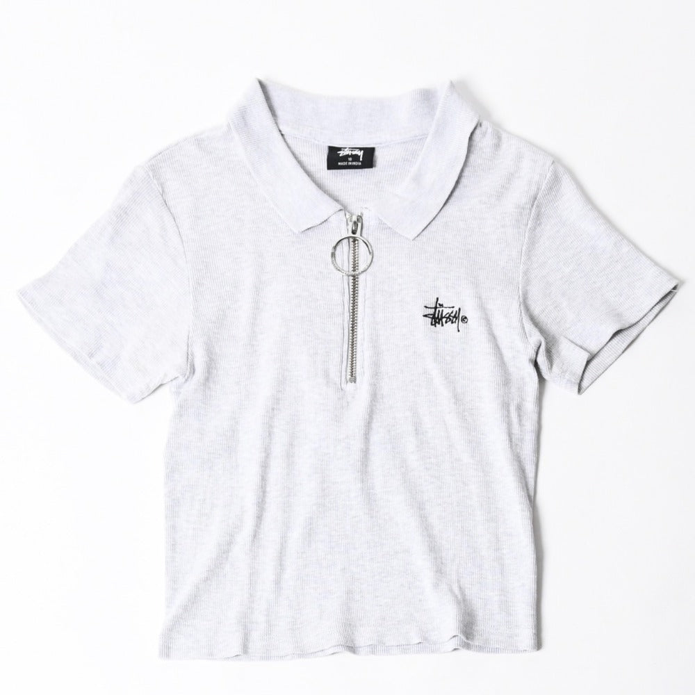 STUSSY half zip short sleeve polo shirt size 10 stock logo gray black ladies embroidery good condition used 4a008566