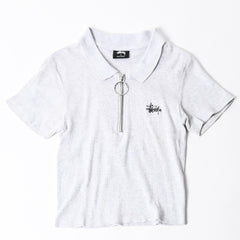 STUSSY ステューシー ハーフジップ 半袖ポロシャツ サイズ10 ストックロゴ グレー ブラック レディース 刺繍 美品 中古 4a008566