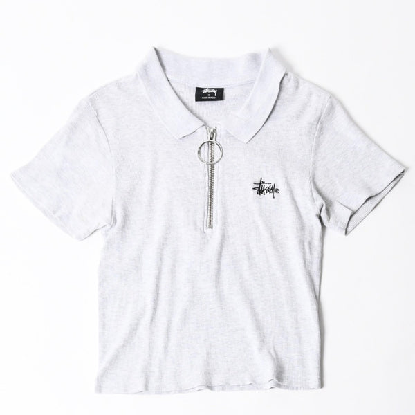 STUSSY ステューシー ハーフジップ 半袖ポロシャツ サイズ10 ストックロゴ グレー ブラック レディース 刺繍 美品 中古 4a008566