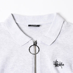 STUSSY ステューシー ハーフジップ 半袖ポロシャツ サイズ10 ストックロゴ グレー ブラック レディース 刺繍 美品 中古 4a008566