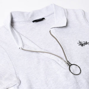 STUSSY ステューシー ハーフジップ 半袖ポロシャツ サイズ10 ストックロゴ グレー ブラック レディース 刺繍 美品 中古 4a008566