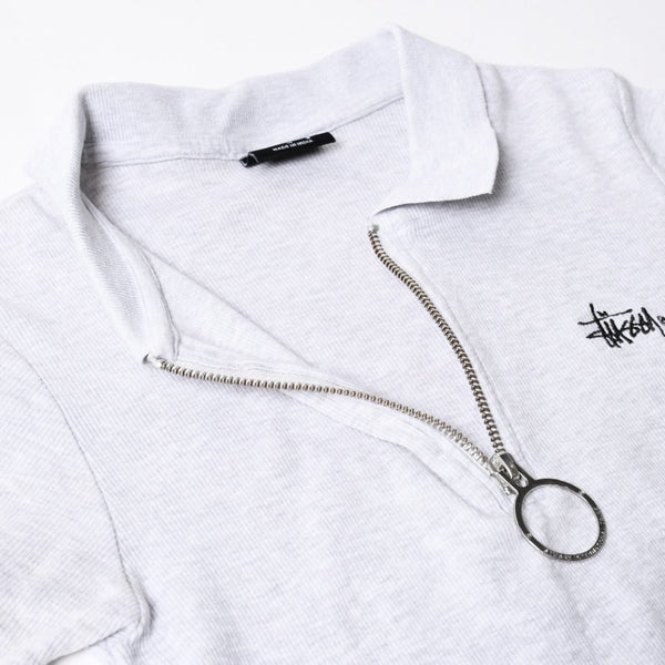 STUSSY ステューシー ハーフジップ 半袖ポロシャツ サイズ10 ストックロゴ グレー ブラック レディース 刺繍 美品 中古 4a008566