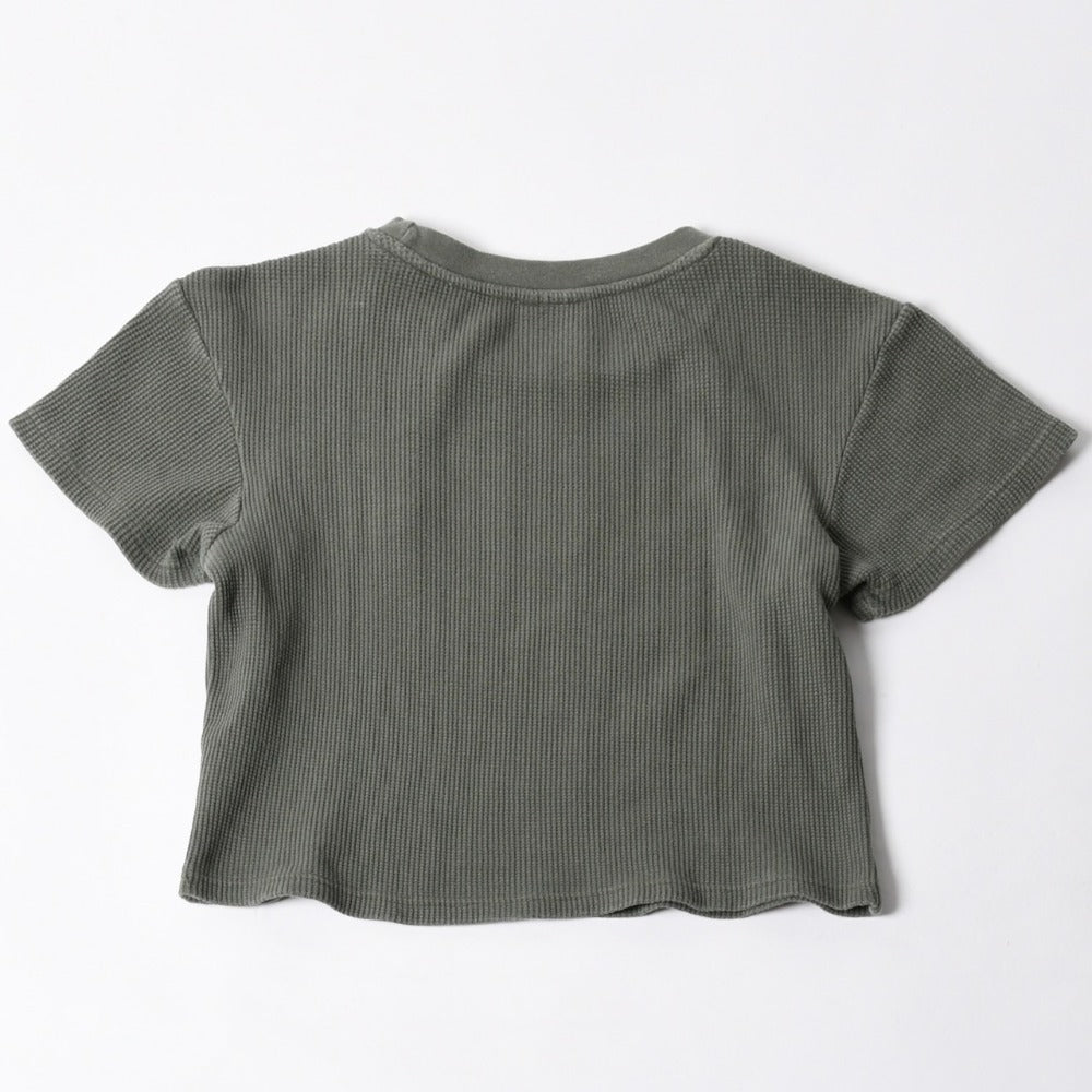 Stussy ステューシー レディース 半袖Tシャツ ワッフルTシャツ オリーブグリーン グリーン ホワイト クロップド サイズ10 美品 中古 4a008564