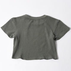 Stussy ステューシー レディース 半袖Tシャツ ワッフルTシャツ オリーブグリーン グリーン ホワイト クロップド サイズ10 美品 中古 4a008564