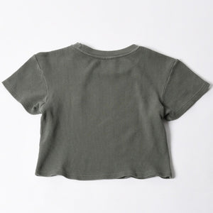 Stussy ステューシー レディース 半袖Tシャツ ワッフルTシャツ オリーブグリーン グリーン ホワイト クロップド サイズ10 美品 中古 4a008564