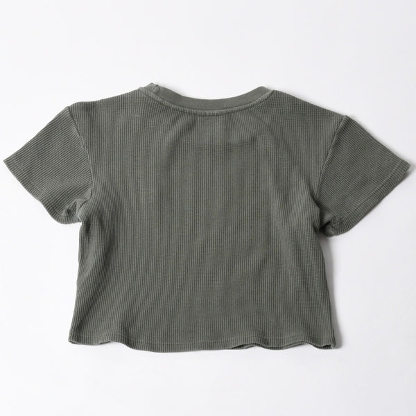 Stussy ステューシー レディース 半袖Tシャツ ワッフルTシャツ オリーブグリーン グリーン ホワイト クロップド サイズ10 美品 中古 4a008564