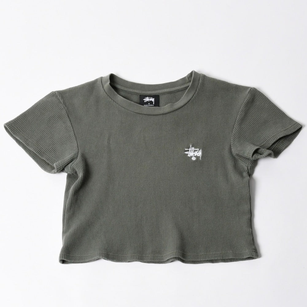 Stussy ステューシー レディース 半袖Tシャツ ワッフルTシャツ オリーブグリーン グリーン ホワイト クロップド サイズ10 美品 中古 4a008564