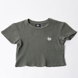 Stussy ステューシー レディース 半袖Tシャツ ワッフルTシャツ オリーブグリーン グリーン ホワイト クロップド サイズ10 美品 中古 4a008564
