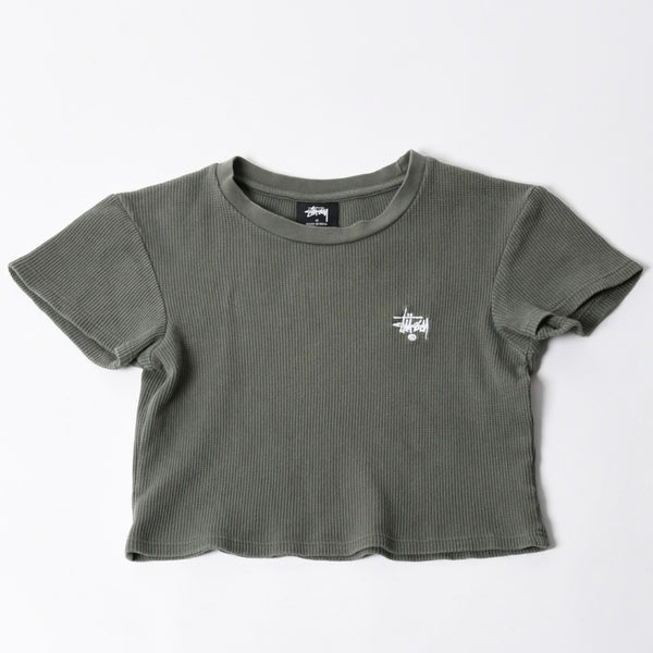 Stussy ステューシー レディース 半袖Tシャツ ワッフルTシャツ オリーブグリーン グリーン ホワイト クロップド サイズ10 美品 中古 4a008564