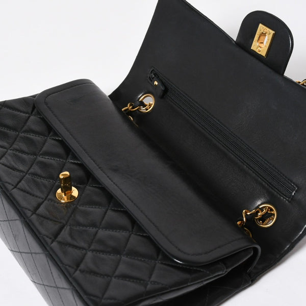 CHANEL シャネル マトラッセ25 Wフラップ Wチェーンショルダーバッグ 3番台 ラムスキン ココマーク ブラック ゴールド金具 美品 中古 4a009110