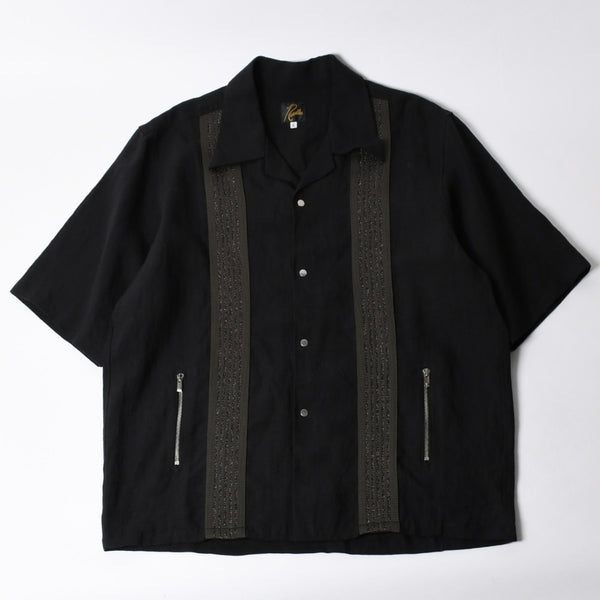 新品同様 NEEDLES ニードルズ TRACK OPEN COLLAR SHIRT-COTTON LINEN SX1595 Lサイズ ブラック ヌビアン20周年別注 中古 4a008740
