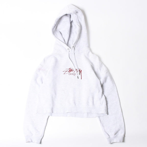 Stussy ステューシー レディース Hoodie フーディー パーカー グレー レッド バーガンディ クロップド 美品 中古 4a008419