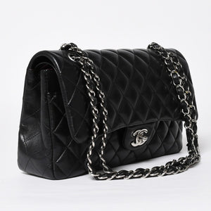 Very Good Condition CHANEL Chanel Matelasse 25 W Flap W Chain Shoulder Bag 24th Series Coco Mark Lambskin Black Silver Hardware Used 4a009111