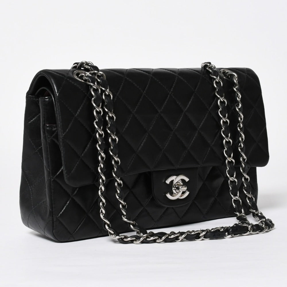 Very Good Condition CHANEL Chanel Matelasse 25 W Flap W Chain Shoulder Bag No. 7 Coco Mark Lambskin Black Silver Hardware Used 4a009112