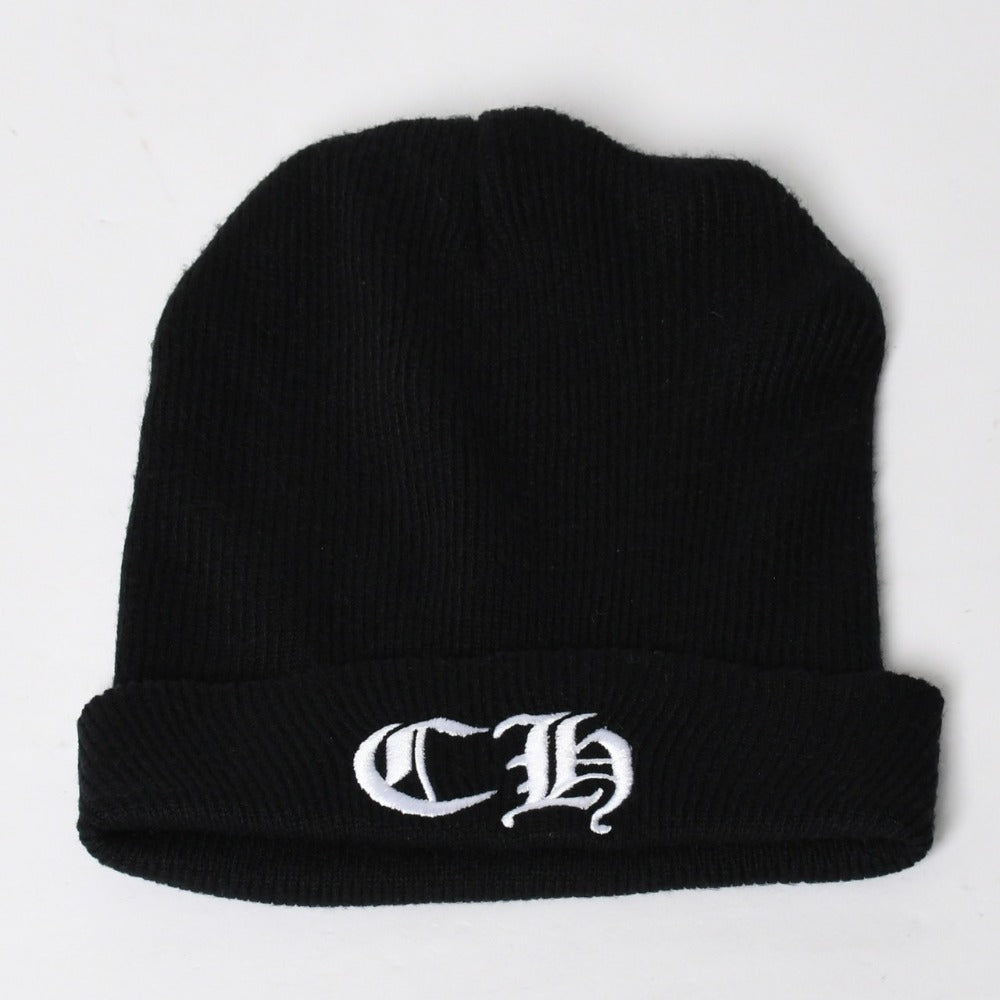 Very Good Condition CHROME HEARTS Beanie Knit Cap CH Logo Embroidery Acrylic Black White Embroidery Good Condition Used 4a009094