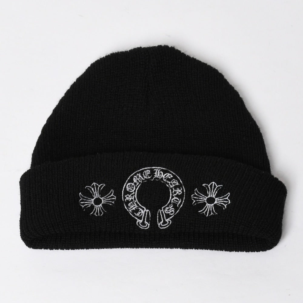 Very Good Condition CHROME HEARTS Beanie Knit Cap ONE SIZE CH Plus Horseshoe Black Wool Embroidery Used 4a009093