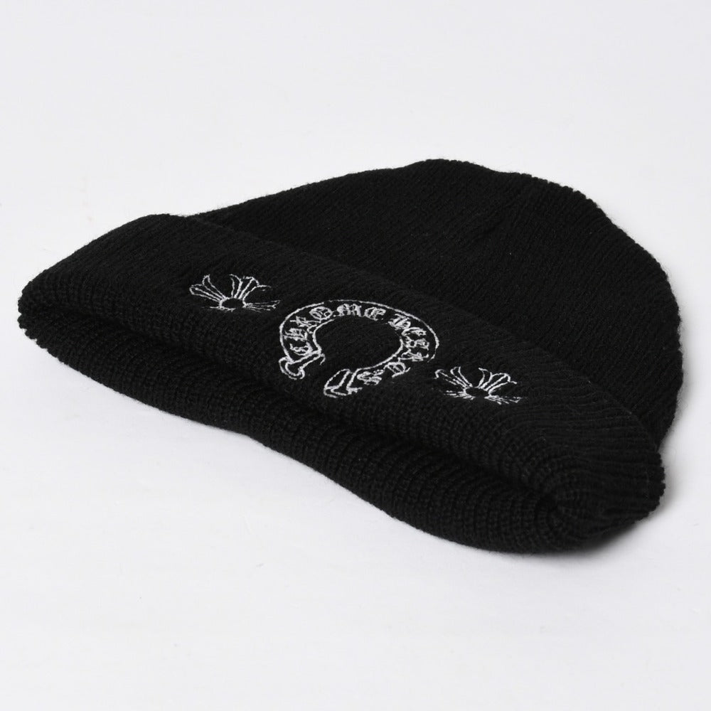 Very Good Condition CHROME HEARTS Beanie Knit Cap ONE SIZE CH Plus Horseshoe Black Wool Embroidery Used 4a009093