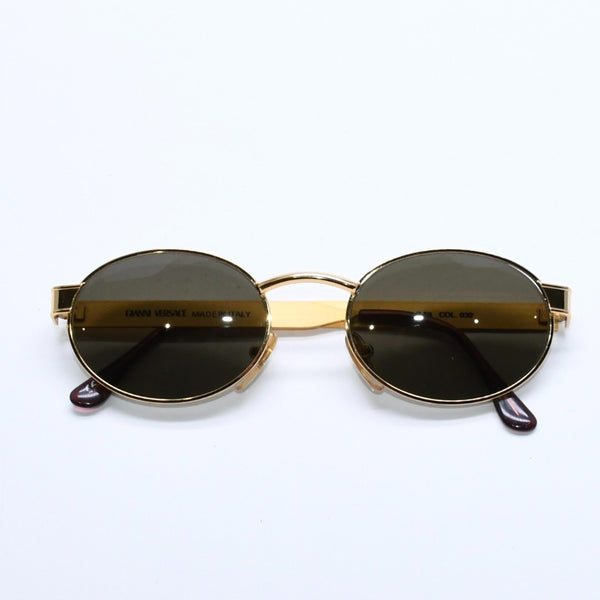 極美品 GIANNI VERSACE ジャンニ ヴェルサーチ オーバル型 サングラス ダークグリーン系レンズ イタリア製 メタル ゴールド 中古 4a008507