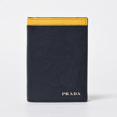 極美品 PRADA プラダ バイカラー カードケース ロゴ 2MC223 レザー ネイビー イエロー シルバー金具 中古 4a009212