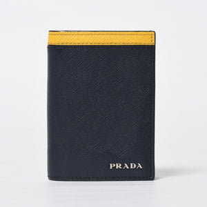 極美品 PRADA プラダ バイカラー カードケース ロゴ 2MC223 レザー ネイビー イエロー シルバー金具 中古 4a009212
