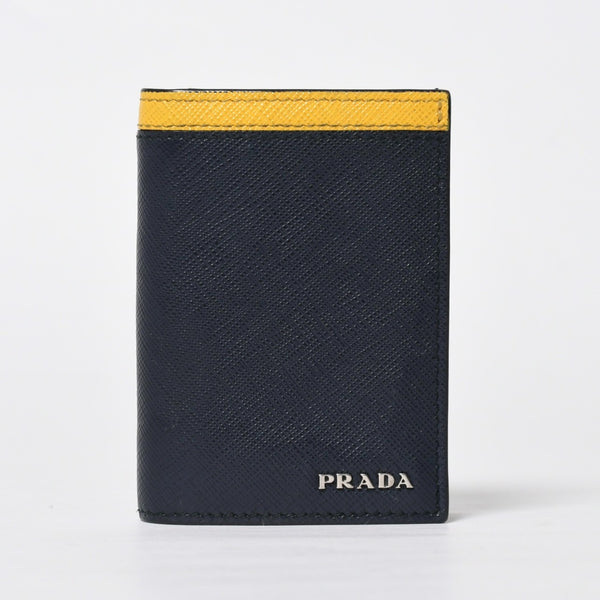 極美品 PRADA プラダ バイカラー カードケース ロゴ 2MC223 レザー ネイビー イエロー シルバー金具 中古 4a009212