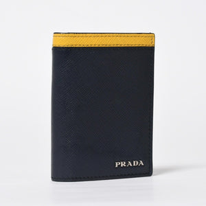 極美品 PRADA プラダ バイカラー カードケース ロゴ 2MC223 レザー ネイビー イエロー シルバー金具 中古 4a009212